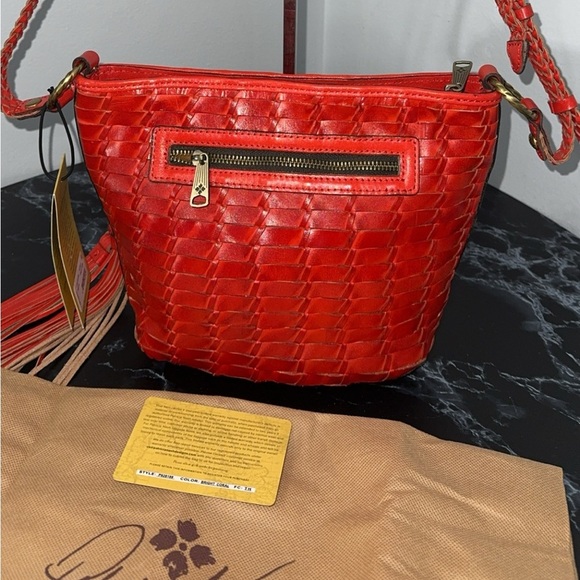 Patricia Nash Woven Leather Valbella Zip Crossbody Bright Coral Red AUTHENTIC - Picture 2 of 15